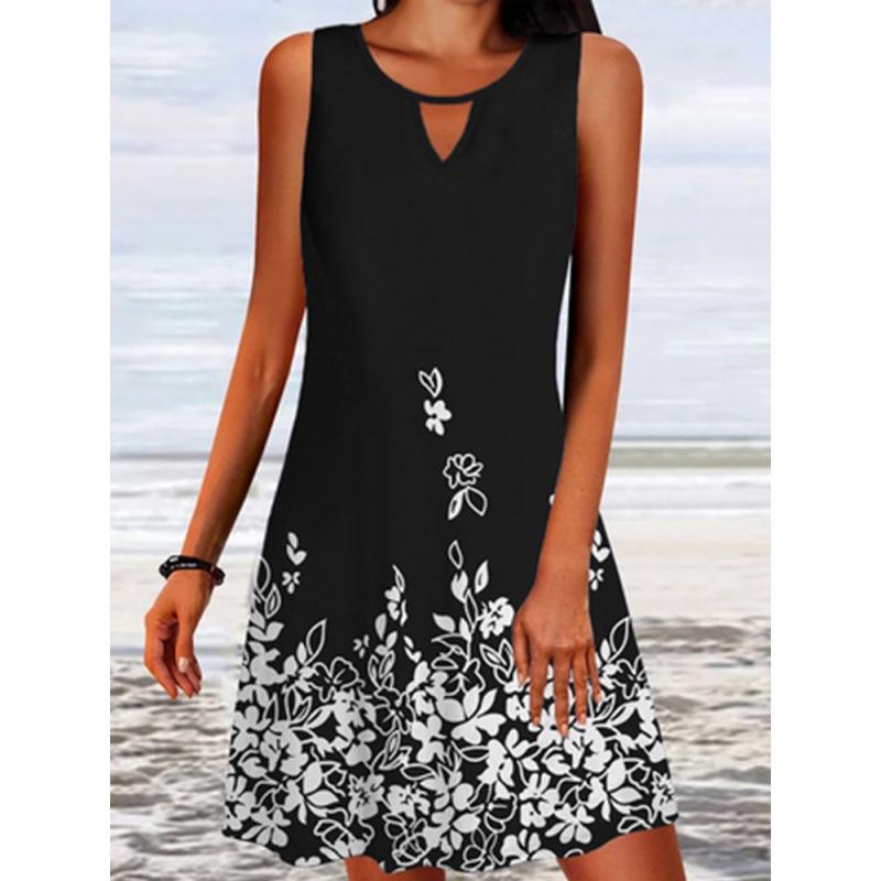 Summer Women Loose Print Long Sleeve Skirt Floral Sleeveless Dress