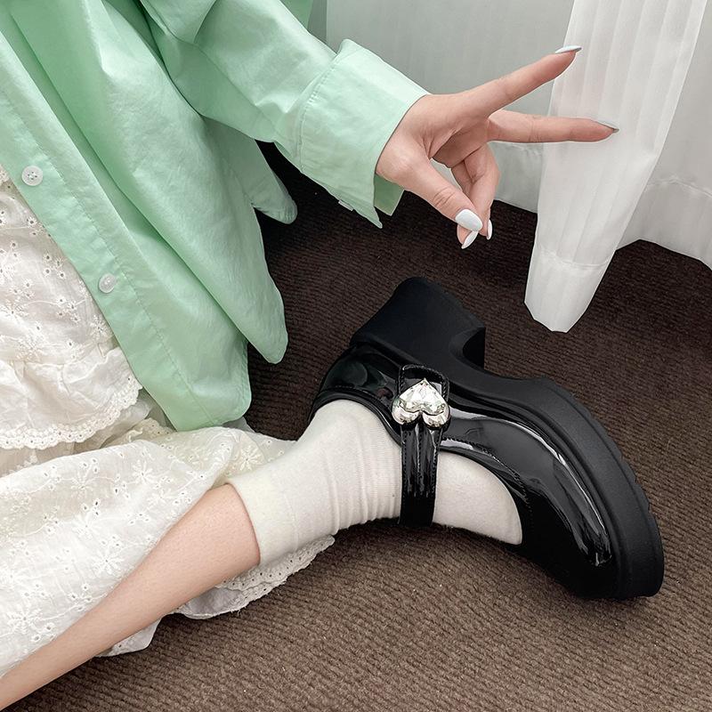 French thick heel round head thick sole Mary Jane small leather shoes women's 2025 new summer black with skirt light mouth single shoes