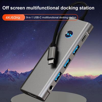 Hub Adaptador 9 em 1 TYPE-C+USB3.0 USB2.0 HDMI SD/TF PD100W Interface de Dados de Áudio