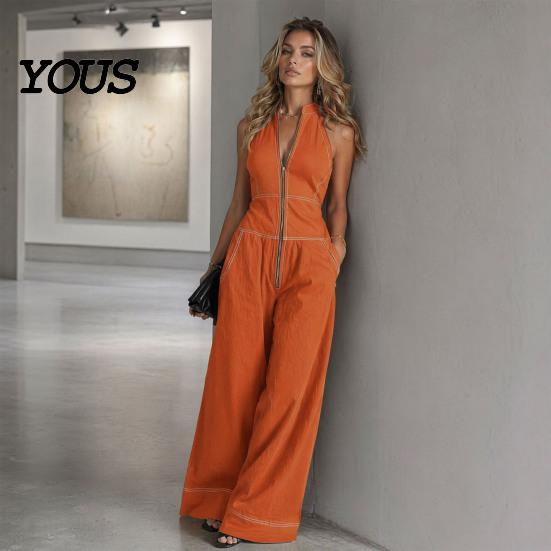 Polyester Jumpsuit Damen Ärmelloser Jumpsuit, Reißverschluss Stehkragen Weiter Bein Alle Größen Hosen Strampler, Lässige Sommer Einteiler Outfits mit Taschen