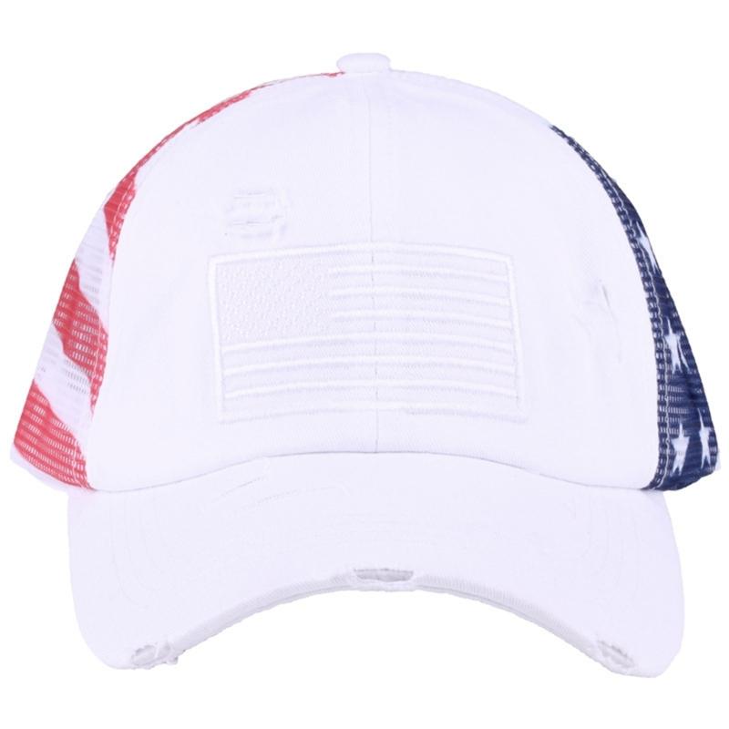 Distressed Wash Cotton Baseball Hat with Star Print Curved Brims Mesh Ponytail Sun Hat for Patriotic Women Teens Girl