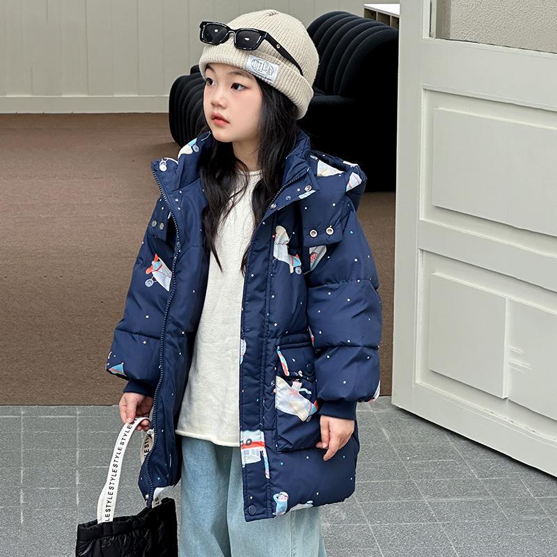 Autumn and Winter Girls' Fashionable Mid-length Thick Warm Printed Down Jacket
