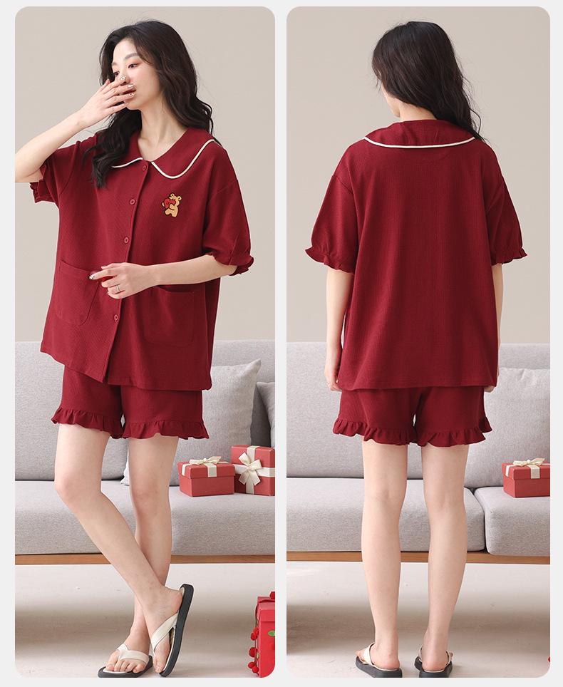 Red Cotton Couple's Pajamas Set: Short-Sleeve Cardigan & Shorts - Wedding & Year of the Rat Theme
