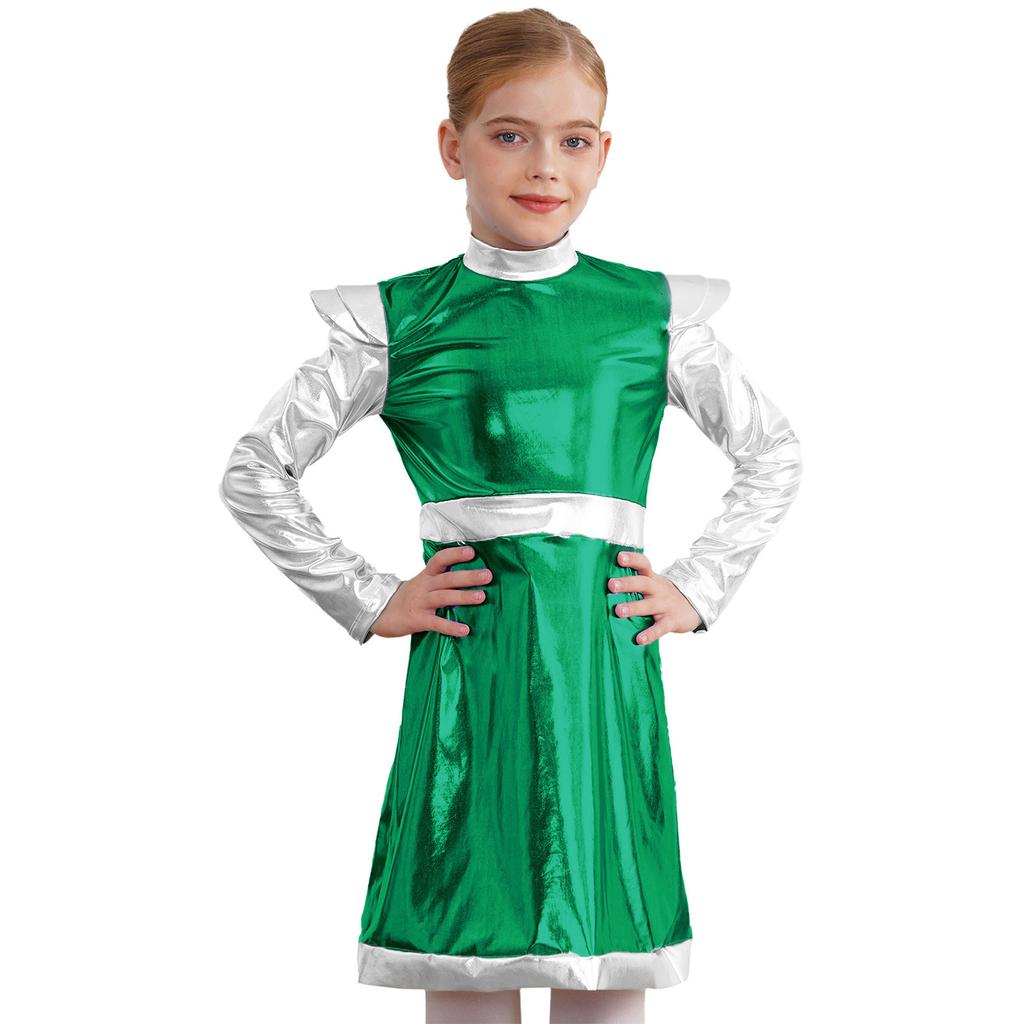 Girls Outer Space Cutie Costume: Shimmering PU Patchwork Alien Dress for Halloween & Sci-Fi Role Play Parties