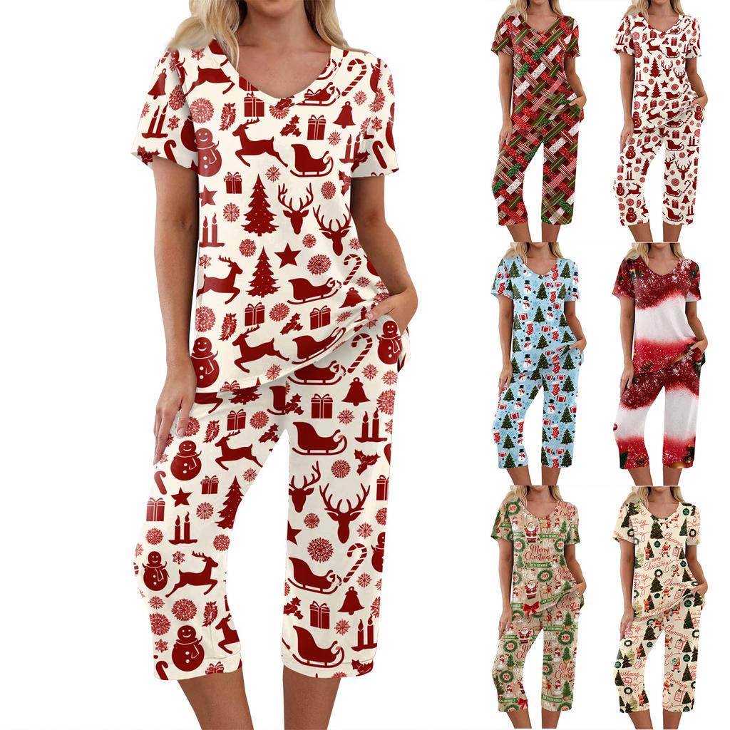 Women's Casual Two Piece Outfit Set Christmas Print Short Sleeve Pants
