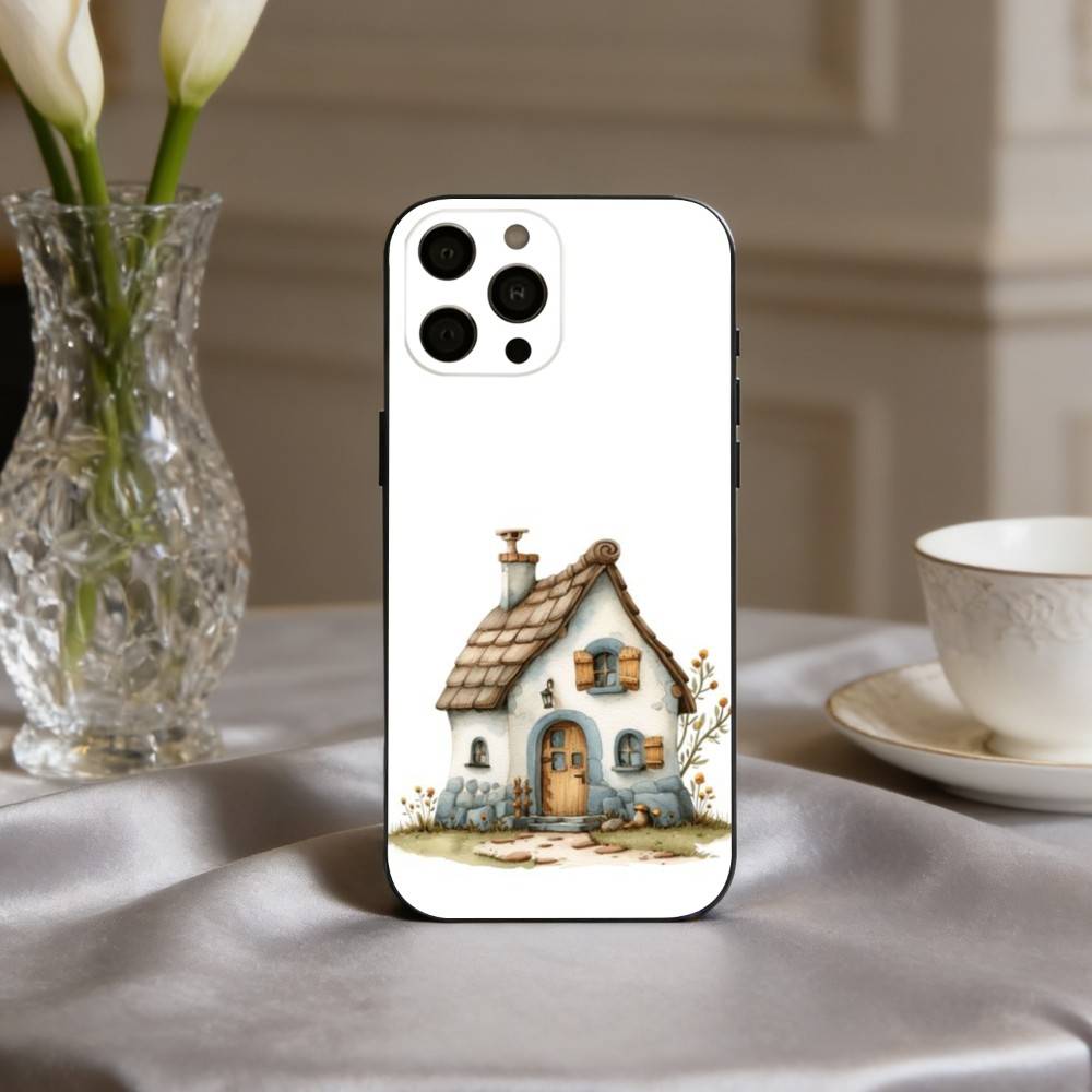 Cute Hand-painted Small House Cartoon Phone Case For iPhone 17,16,15,14,13,12,11 Plus,Pro Max,XS,Soft Silicone Black Cover