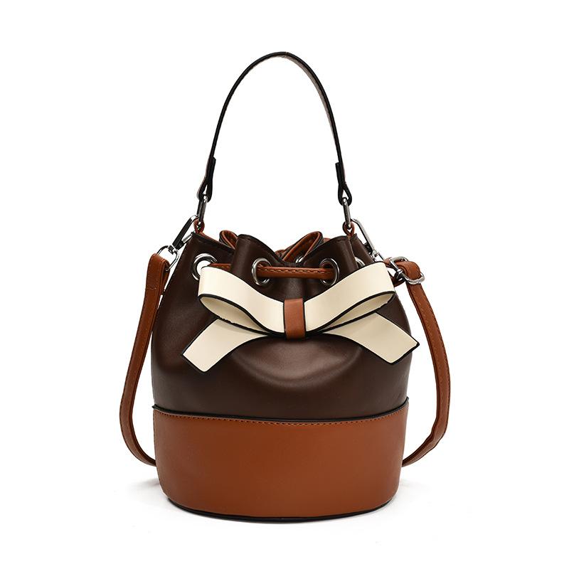 Bags Handbag Women's 2025 New Trendy Fashion Contrast Color Drawstring Bucket Bag Autumn Textured Messenger Bag