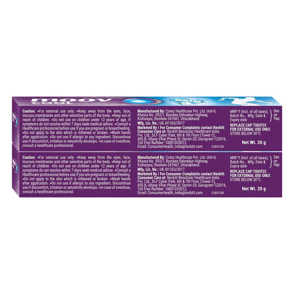 Moov Cool Pain Relief Gel 20g Pack of 2 | Quick Action For Back, Muscle, Joint, Knee Pain | Sports Injury Gel