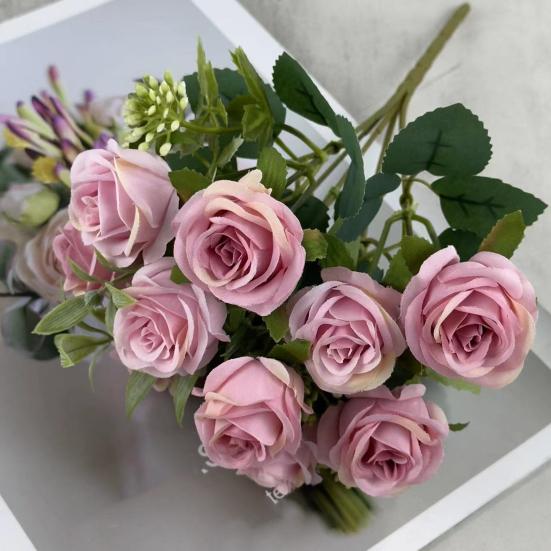 Artificial Rose Flower Multi-Heads Fake Rose Flower Bouquet with Stem for DIY Bridal Bouquet Wedding Party Table Centerpiece Home Decor