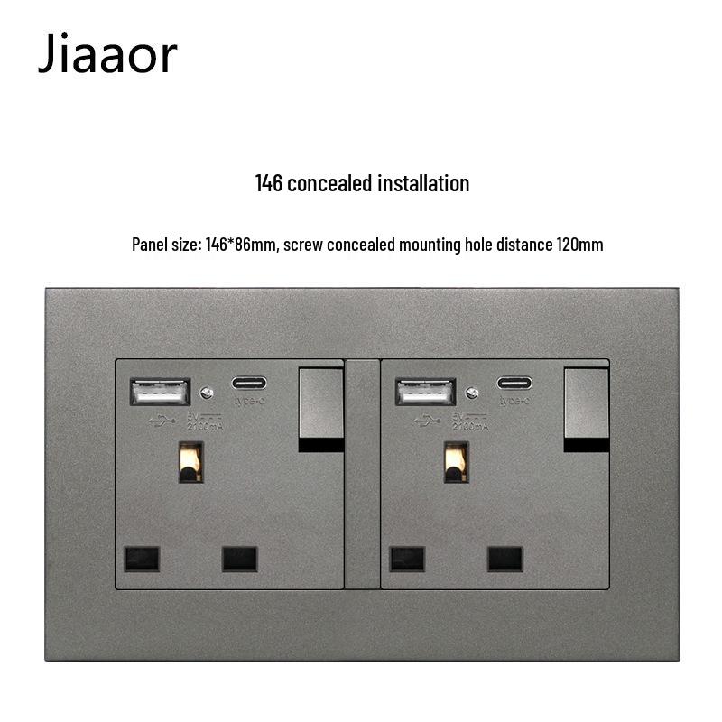 Grey British Standard Double Gang Switch Socket with USB & Type C - Hong Kong/Macau Compatible, Concealed 86 Type