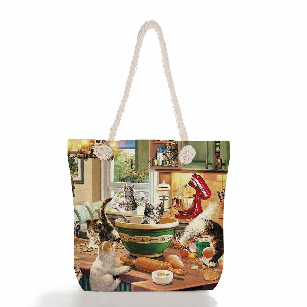 Cute Cat Print Thick Rope Single-shoulder Beach Bag 7211