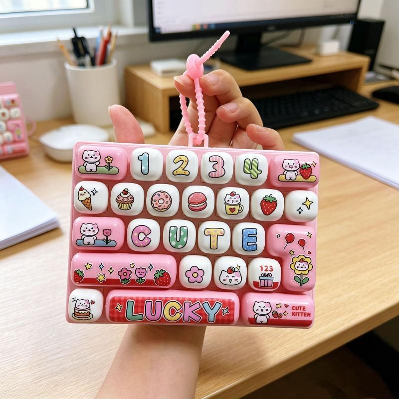 Mini Fidget Keyboard Keychain Cartoon 26 Fun Pattern Buttons Portable Lanyard Stress Relief Toy for Travel Bag Decoration