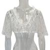 Frauen Elegante Durchsichtige Stickerei Spitze Hemd Tops V-ausschnitt Halbe Hülse Slim Fit Einfarbig Kurze Hemd Unten Abgeschnitten Tops
