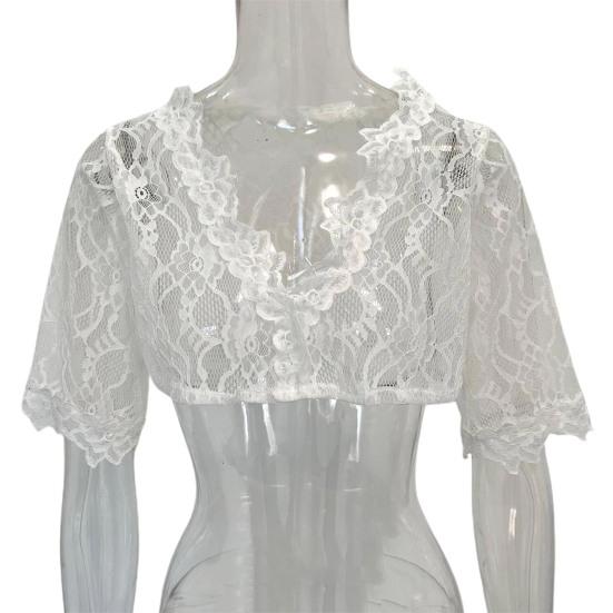 Frauen Elegante Durchsichtige Stickerei Spitze Hemd Tops V-ausschnitt Halbe Hülse Slim Fit Einfarbig Kurze Hemd Unten Abgeschnitten Tops