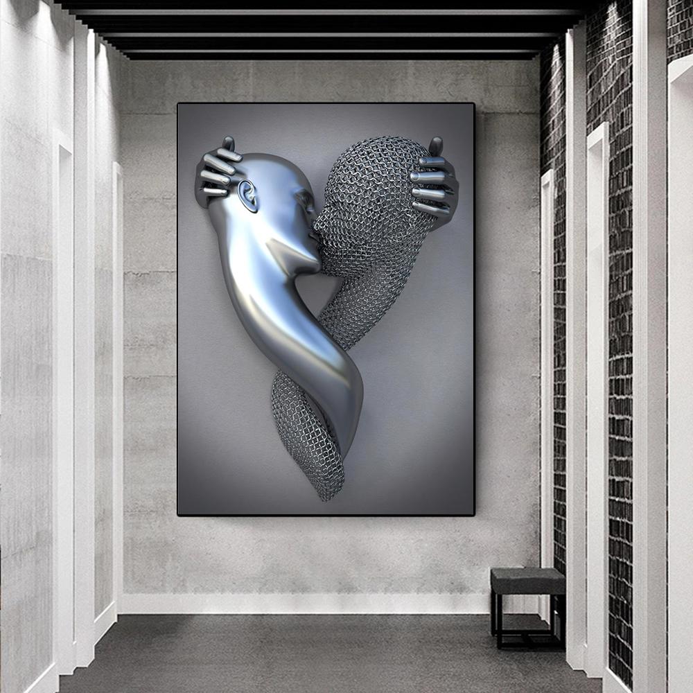 Metal Figure Statue Posters Print Modern Lovers Sculpture Canvas Painting Wall Art Wall Pictures for Room Home Decoration No Frame