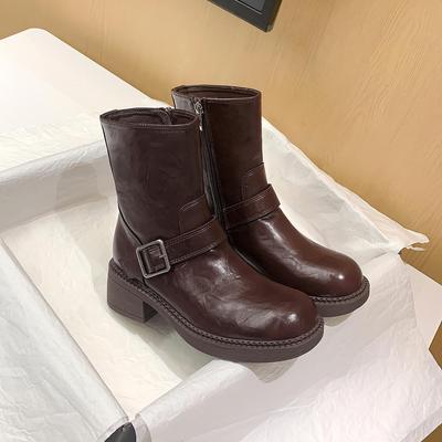 Stivali Martin Maillard da Donna in Vera Pelle - Autunno/Inverno 2025 Stile Britannico Retrò Tacco Chunky Stivaletti alla Caviglia