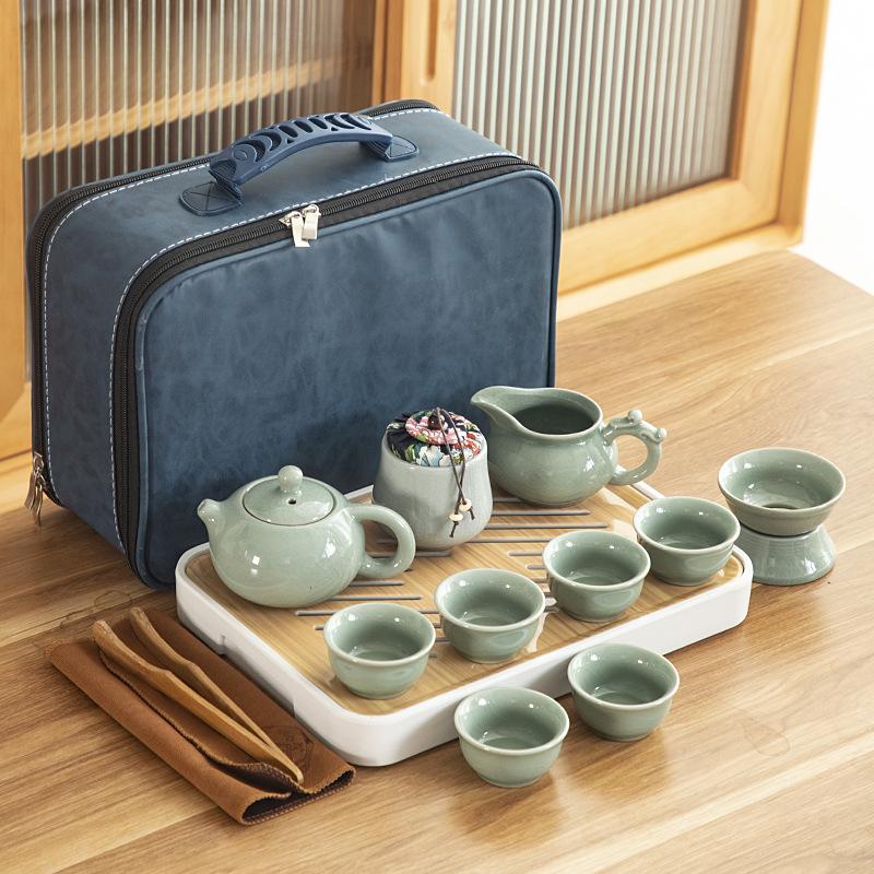 Travel ceramic Kung Fu tea set, tea tray, a full set of portable storage bags, practical business gifts for customers