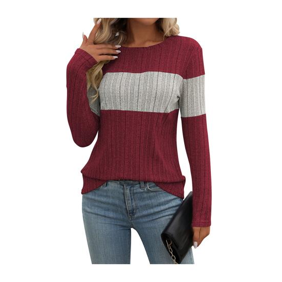 Women Tops Round Neck Long Sleeve Color Block Ribbed Knitting Tops Loose Fit Casual Sweater Tops Daily Wear