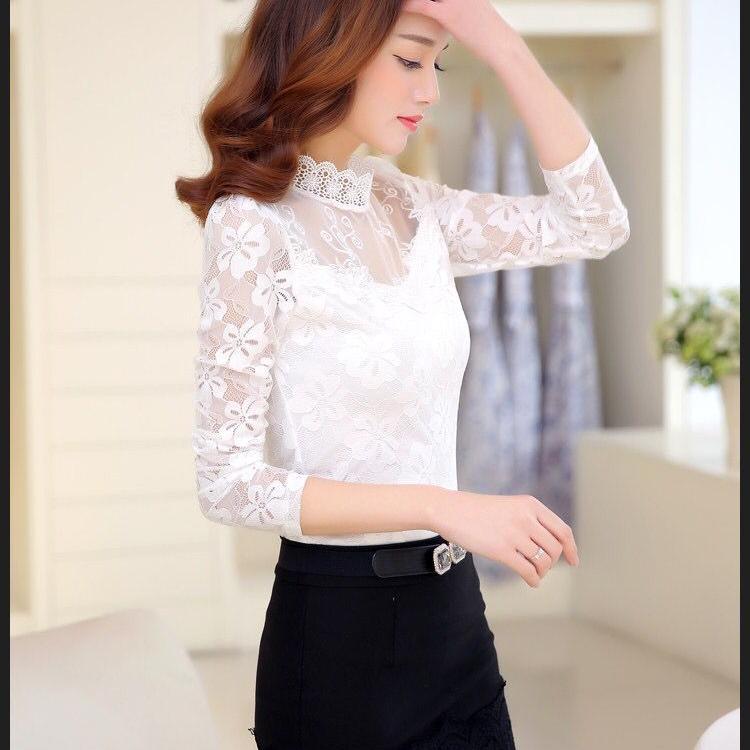 Skjorte med blonder for kvinner Høst Vinter Langermet T-skjorte Varme, uthulede gensere Topp S-5XL