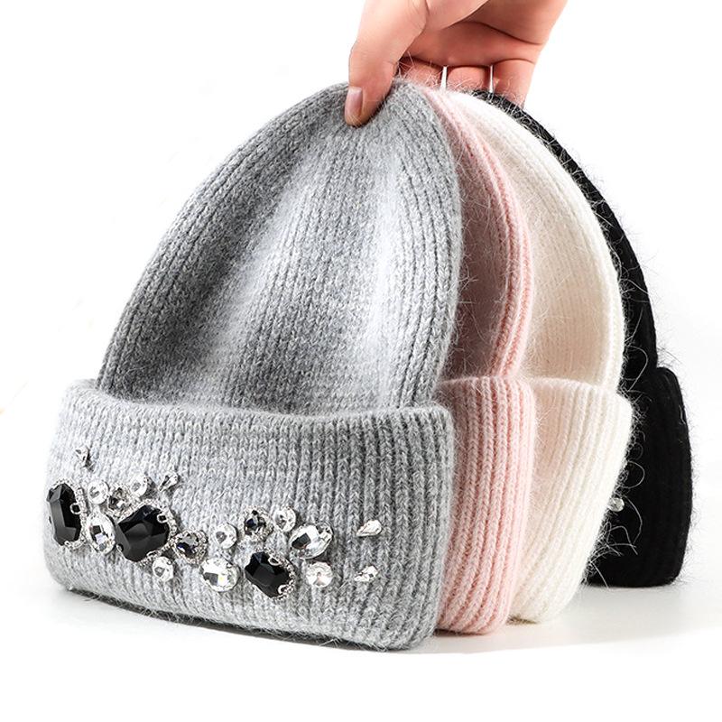 Hat Women's autumn and winter rabbit fur knitted hat Versatile masonry women's group Angola rabbit fur pullover hat Thickened warm hat