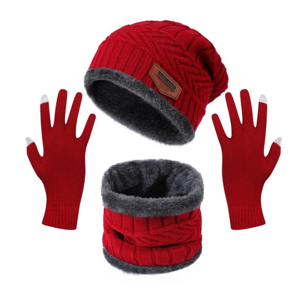 4pcs/set Soft Winter Beanie Hat Scarf Set Thicken Fleece Lined Thermal Knitted Gloves Thermal Protection Cap Warm Wool Hat