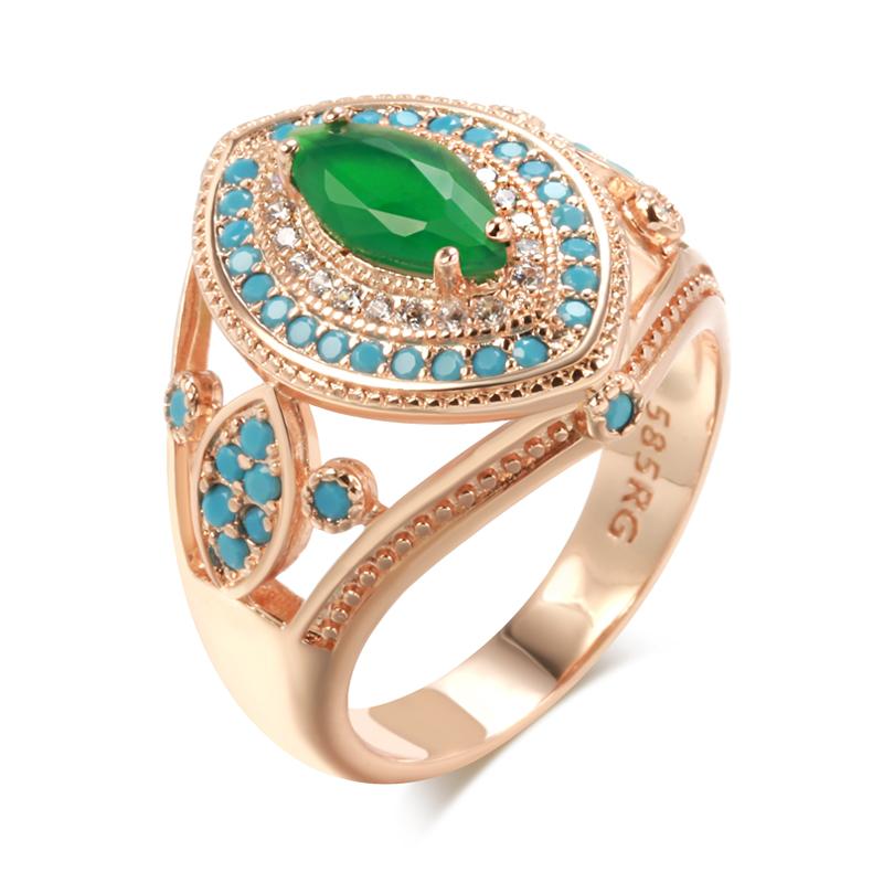 Rose Gold Color Rhombus Big Ring For Women Fashion Green With Blue Natural Zircon Wedding Daily Vintage Jewelry