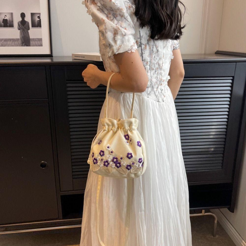 Ethnic Style Embroidery Flower Handbag Chinese Floral Bucket Bag Hanfu Drawstring Bag Shopping
