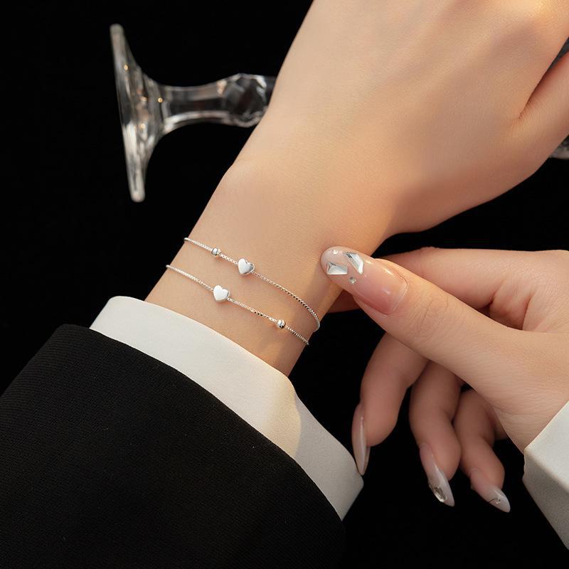 Sterling Silver Double-Layer Heart & Round Bead Bracelet - Japanese & Korean Style