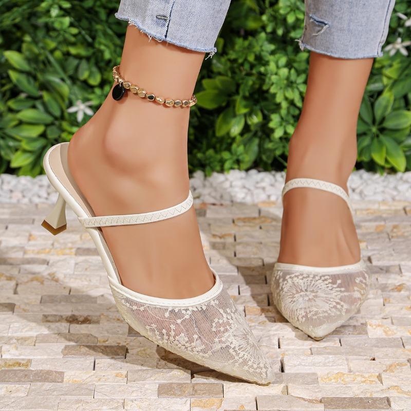 Breathable Mesh Pointed Toe High Heels Women s Stiletto Buckle Strap Embroidered Cutout Slippers 35 белый
