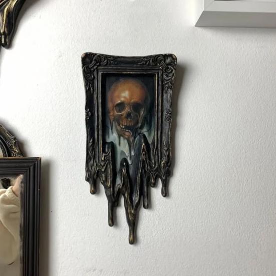 Skull Wall Art Handmade Liquid Surreal Skull Painting Gothic Framed Wall Decor for Halloween Office Living Room Decor