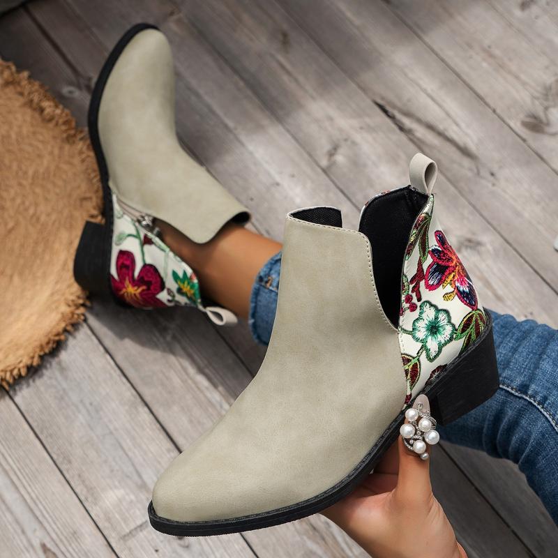 Mode Retro Mittelhohe Absätze Spitzzehe Lässige Stiefeletten Herbst Blumenmuster Patchwork Stiefel Botas Mujer Stiefeletten Feminina Damenschuhe