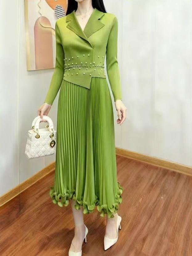 European & American Pleated Lux Plus Size Beaded Long Dress with Suit Collar