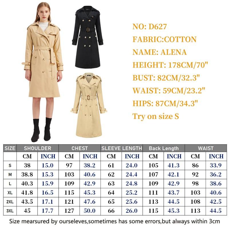 Womens Long Cotton Trench Coat With Waist Cinching Fit Classic Notched Collar Office Chic Outerwear