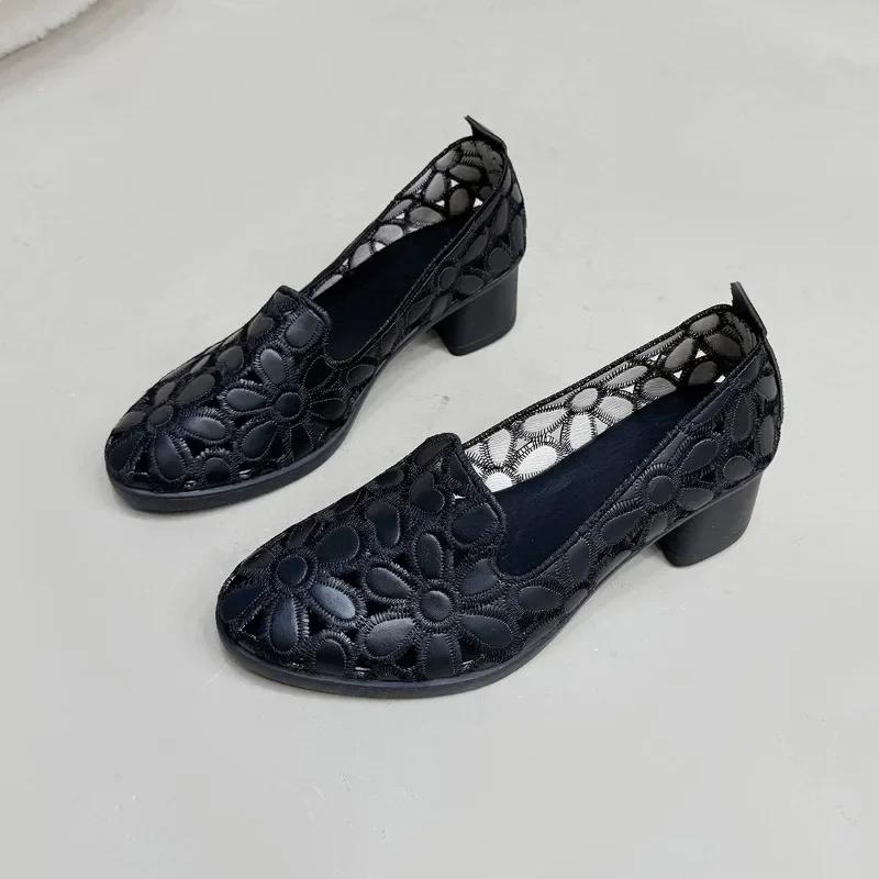 

Fashion Round Toe Shallow Mouth Cutout Breathable Embroidered Single Shoes Autumn New Slip-proof Wear-resistant High Heels 35 матовый черный