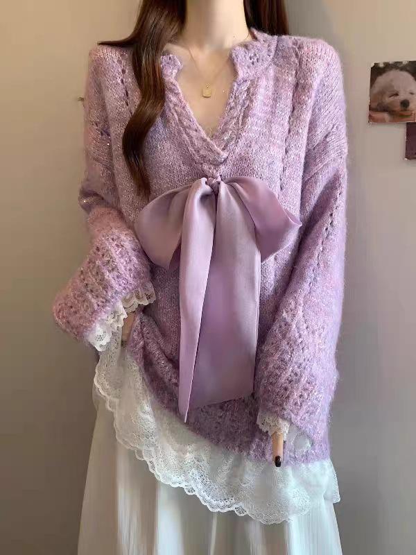 Korean Style Lace-up Bowknot Mesh Knit Sweater - Women's Trendy Autumn/Winter 2025