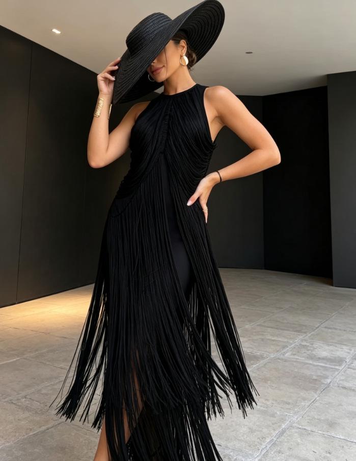 Spring and Summer European and American Neck Fringed Long Dress Women's Sleeveless Slim Temperament Dress Dress Dress Dress Factory Spot