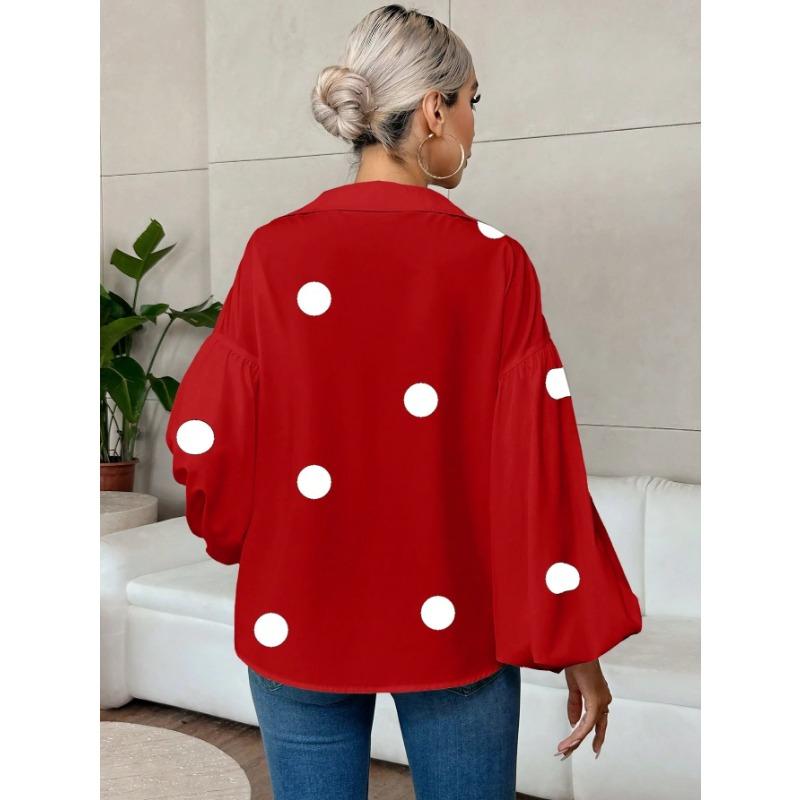 DAFIFY Mote Casual Vår Høst Polkadotter Trykk Langermet POLO Hals Bluser & Skjorter for Kvinner