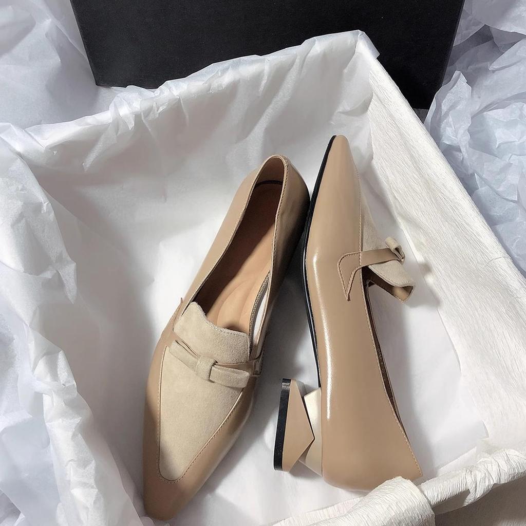 French Full Leather Pointed Single Shoes Women's Spring 2025 New Thick Heel Small Leather Shoes Bow Splicing Loafers