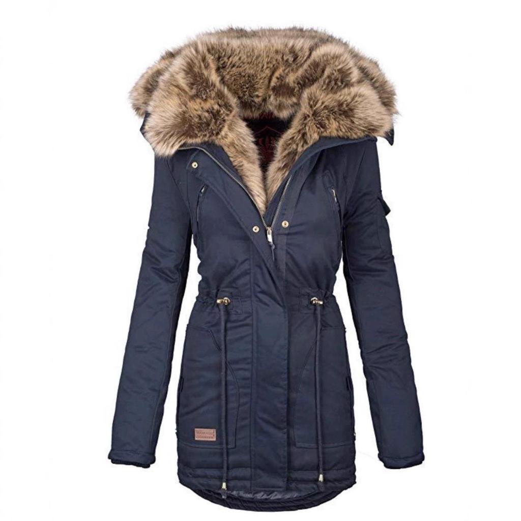 Dámská nová zimní teplá bunda s kapucí a kožešinovým límcem na zip, slim bavlněný kabát W133