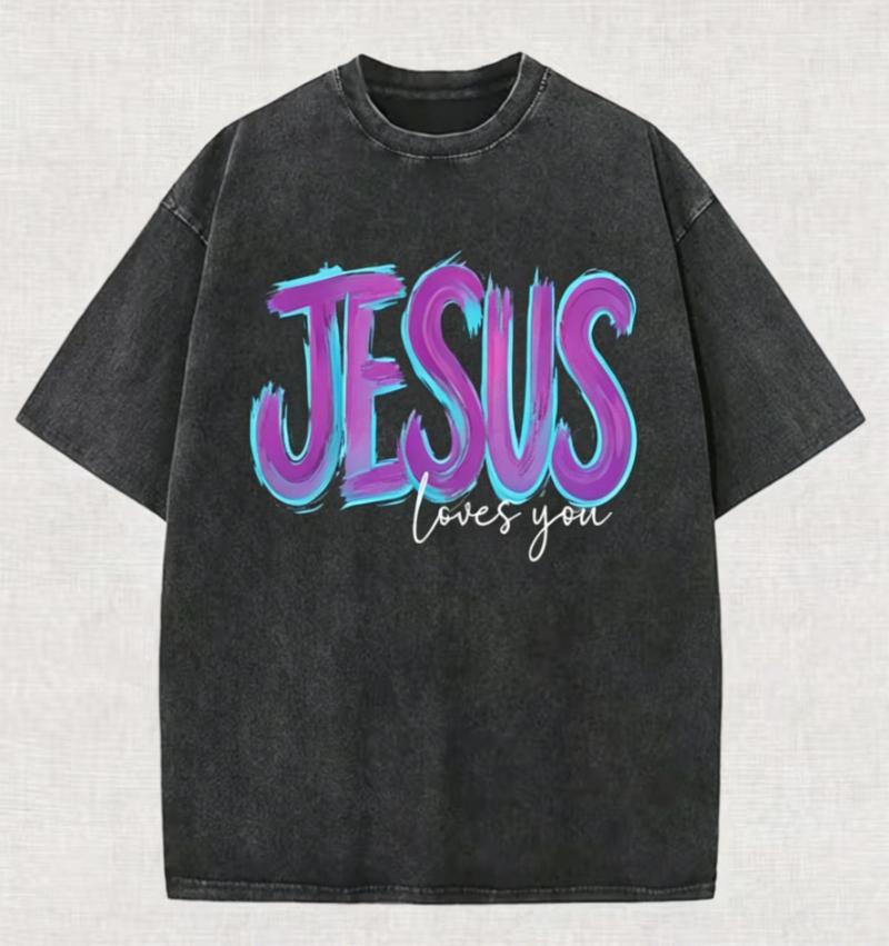 Gradient Brush Jesus Loves You Letter Graphic TShirt Vintage Washed Crew Neck Loose Casual Short Sleeve Daily Street Style Top