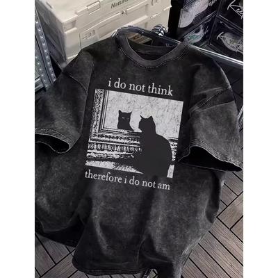 I Do Not Think Therefore I Do Not Am Cat Graphic Vintage Washed Cotton T-Shirt Unisex Loose Fit Casual Streetwear Holiday Tops