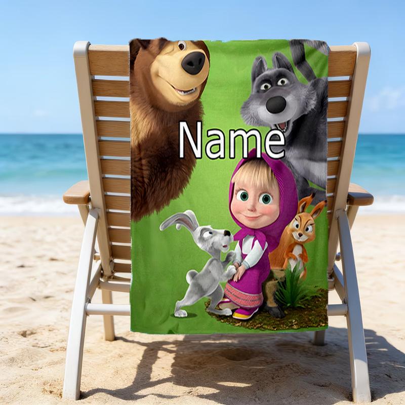 1pc Masha and the Bear4 Beach Towel with Custom Name, Beach/Swimming/Bath/Picnic/Camping Towel, Suitable for Seaside Beaches