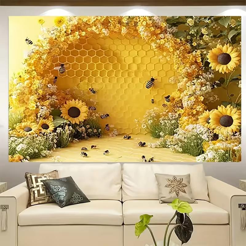 2D Flat Printing Party Backdrop Vibrant Bee and Sunflower Garden Scene