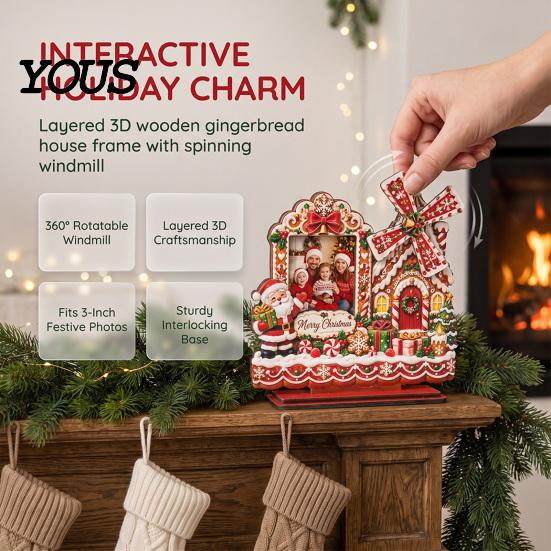 Christmas Photo Frame 2D Gingerbread House Wooden Frame, Spinning Windmill Picture Xmas Cottage Ornament Desktop Holder for Home Fireplace Table Decor