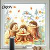 Cute Animal Window Art Little Hedgehog Tree Stump Static Sticker, Watercolor Decorative Thanksgiving Decorations Decal, Reusable PVC Cling for Autumn