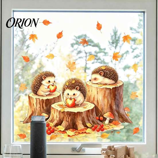 Cute Animal Window Art Little Hedgehog Tree Stump Static Sticker, Watercolor Decorative Thanksgiving Decorations Decal, Reusable PVC Cling for Autumn