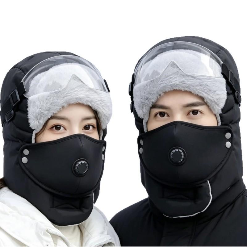 Winter Windproof Unisex Ear Face Covering Beanie With Removable Goggles Warm Thick Fleece Hat Cold Weather Outdoor