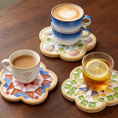 1 Set DIY Mosaic Tile Coaster Set Mixed Color Mosaic Kit with Wooden Coaster Kids Adults Handmade Mosaic Crafts Coaster with Accessories
