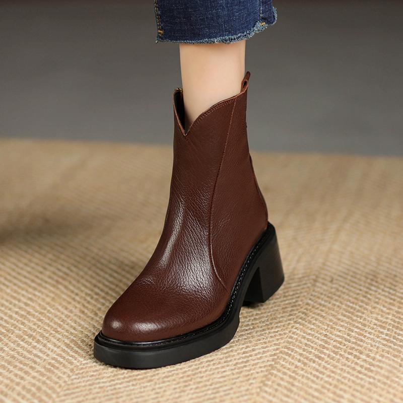 Fashion 2024 Winter Women Boots Leather Boots Chunky Heel Shoes Autumn Retro Genuine Leather Women Shoes High Heel Boots Chelsea Boots
