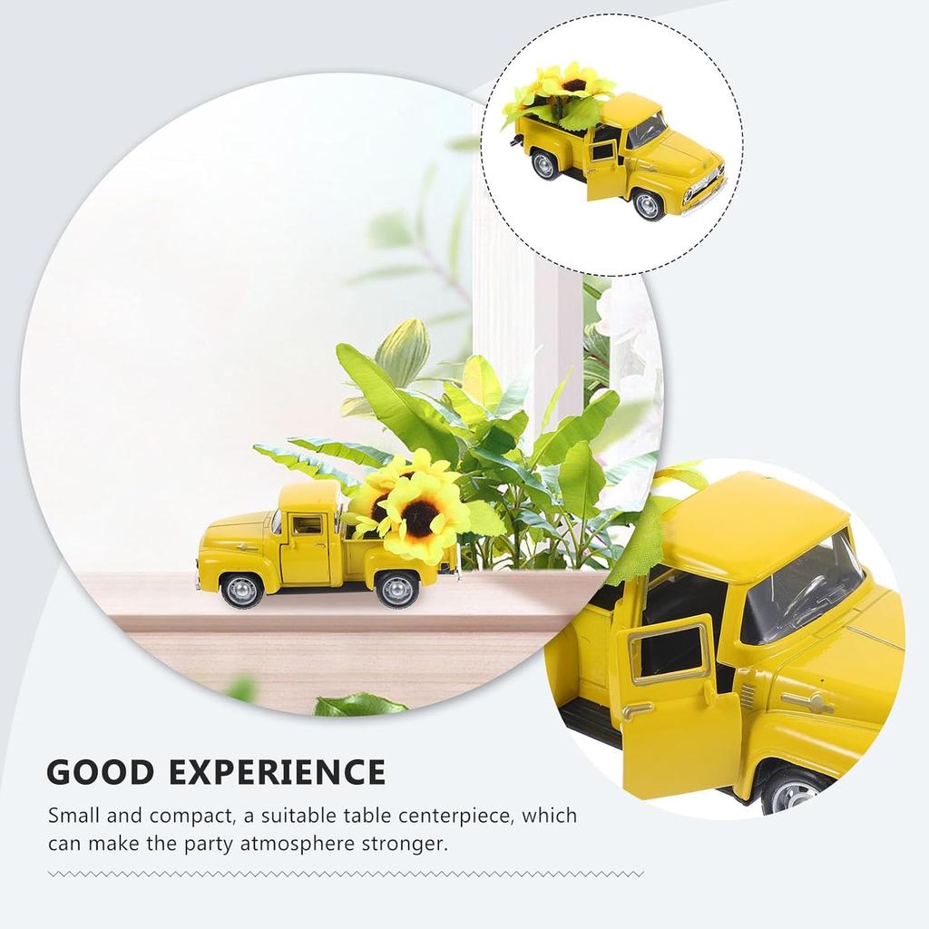 BESPORTBLE Farmhouse Yellow Truck, Vintage Truck Decor Yellow Truck with Flowers Rustic Metal Decorative Truck with Flowers for Home Table Decoration